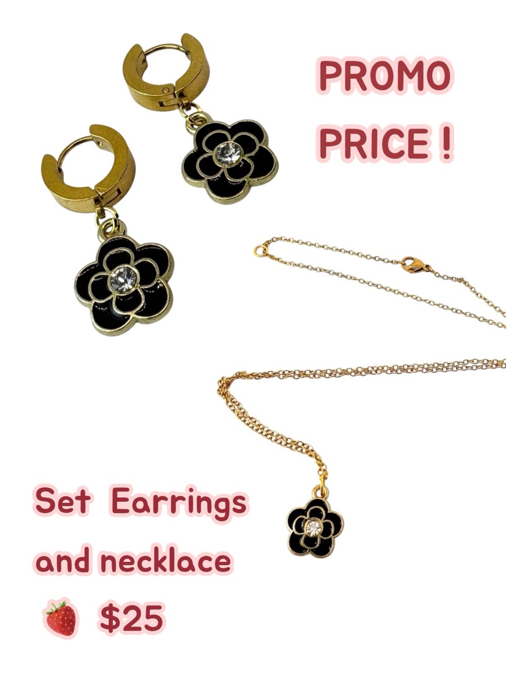 Black Camellia Earrings & Necklace Set Gold Stainless Steel Hypoallergenic